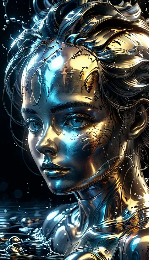  Shiny Metal ,  a liquid metal container pouring out and forming a face, Artistic Image, masterpiece, HD, 8k,  highly detailed ,  photorealistic ,  dramatic shadows,  Intricate Details, gloomy atmosphere,  dynamic composition , complex textures, uniform mi...