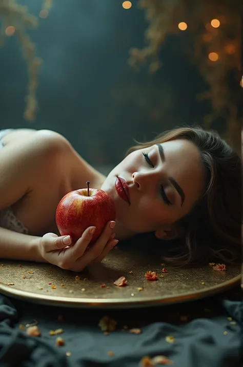  A beautiful woman lying face down on a tray, with knees bent, Eyes closed and with an apple in her mouth .  Mesmerized to believe its New Years Eve  