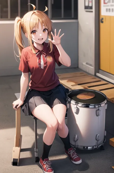 masterpiece, best quality, highres, in1, side ponytail, long hair, ahoge, red shirt, school uniform, orange skirt, short sleeves, black bow, black socks, sitting, drum set, drum, waving, smile, upper teeth, 