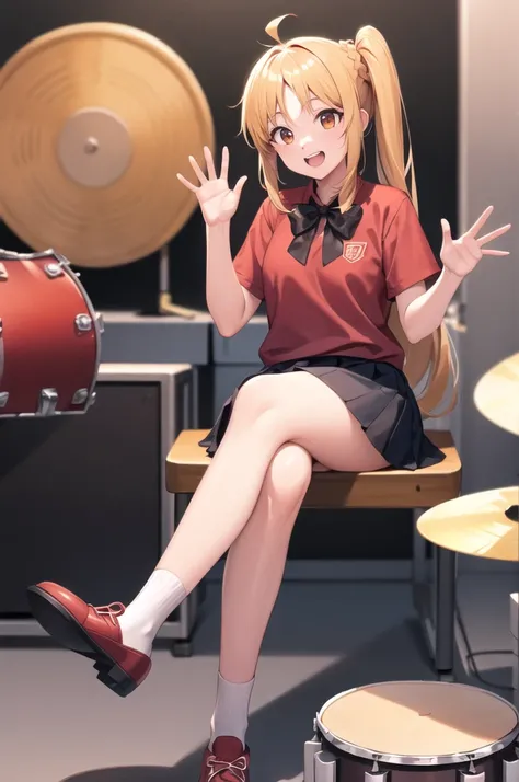 masterpiece, best quality, highres, in1, side ponytail, long hair, ahoge, red shirt, school uniform, orange skirt, short sleeves, black bow, black socks, sitting, drum set, drum, waving, smile, upper teeth, 