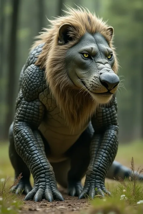 A realistic fusion of an alligator and a lion, where the hybrid animal has the head and mane of a lion, but its body is covered with the scaly skin of an alligator. The animal has the fierce eyes and expression of a lion, along with the strength and body s...