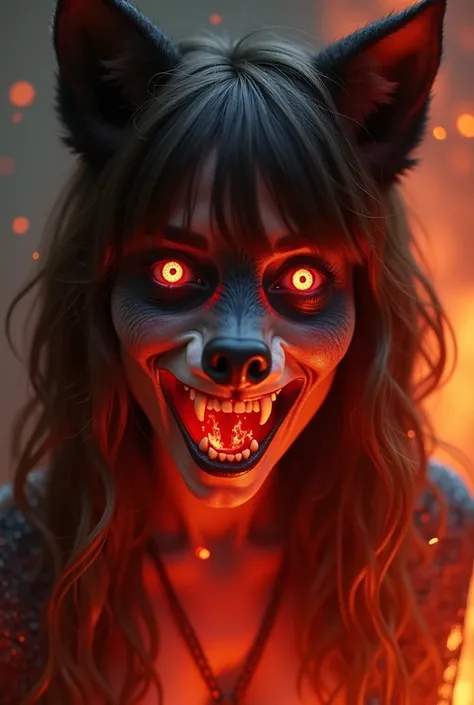 a woman, eleven, brown hair with bangs,  with demonic wolf features at the same time maintaining the humanoid shape but with disfigured facial features/deformed in a mixture of wolf and human ,  and with strong flames and red aura emanating from her , faci...