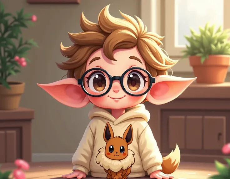 Create a chibi elf , Who has light brown hair with black turtle style glasses and with a Pokemon Eevee sweatshirt blouse.