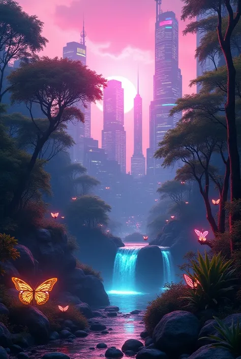 A lush, urban sanctuary nestled in the heart of a futuristic cyberpunk city, where exotic animals roam freely among neon-lit trees and glowing waterfalls. Mechanical butterflies with holographic wings flutter around, while robotic caretakers dressed as mon...