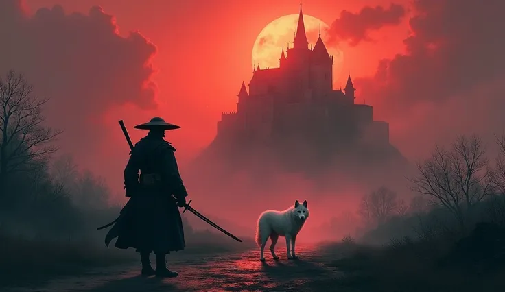 Digital painting with a gothic style and a dark and melancholic atmosphere. In the background is a large and forbidding castle with pointed towers, partially obscured by swirling clouds and fog. A samurai emerges from the shadows, silent and deadly, and a ...