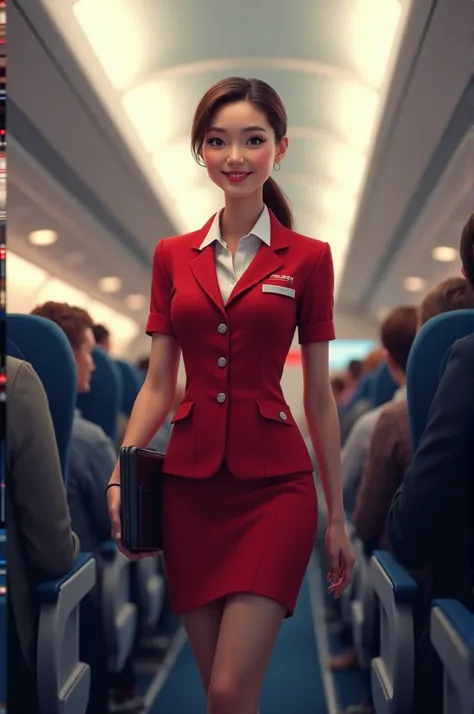 A female flight attendant on a plane 