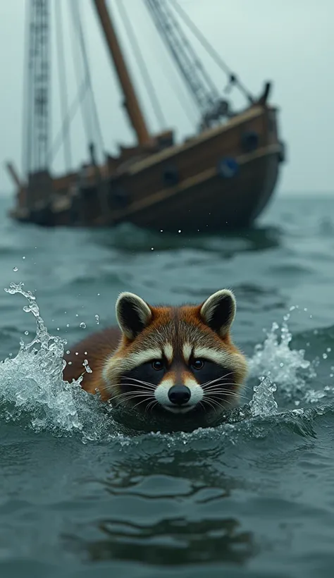 The boat sank 、 and a raccoon dog is drowning next to it