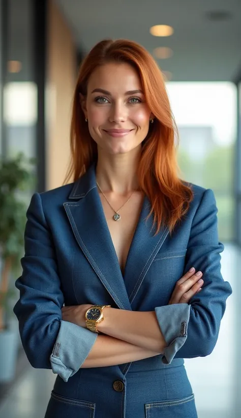 A woman in her 30s with straight, dark orange-red hair wearing a denim look. She stands in a naturally lit office hallway with large windows in the background. Her expression is confident and welcoming, with a slight smile, while she keeps her arms crossed...