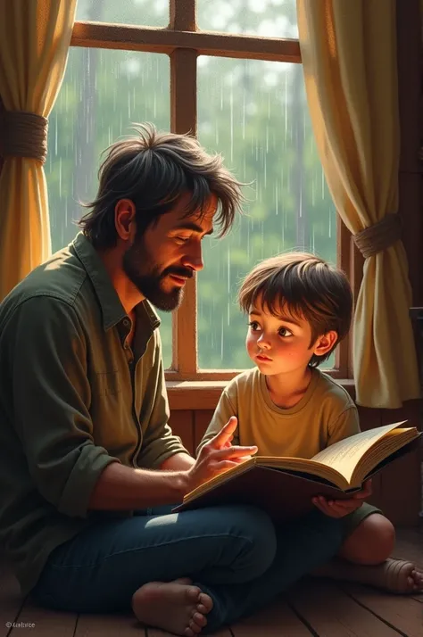 Dad telling a story to his son in the rain 