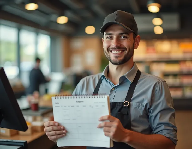  Create a realistic photo of a supermarket cashier young man wearing a cap, Him with a happy expression looking at Camera , With a calendar in hand. 