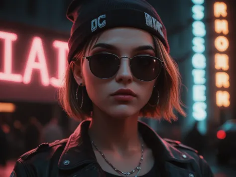 face close up, alternative girl, watching over black sunglasses, jacket, necklace, neon light reflections on skin, ear ring, mak...