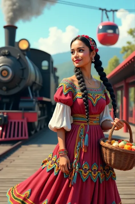  Create a 3D image of a woman dressed in a colorful Mengala de Amatitlan costume , her hair only has long braids ,  she has a round basket in her hands , He is at the Amatitlan train station selling typical sweets,  behind there is a black steam locomotive...