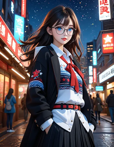 ((Fascinated by the image of a girl wearing black glasses.)), {{Fascinated by the image of a girl wearing glasses.}}, {{The frame is clearly visible.}}, High-rise buildings city street night background, Pretty girl like a Korean female idol, 3rd grade, 19 ...