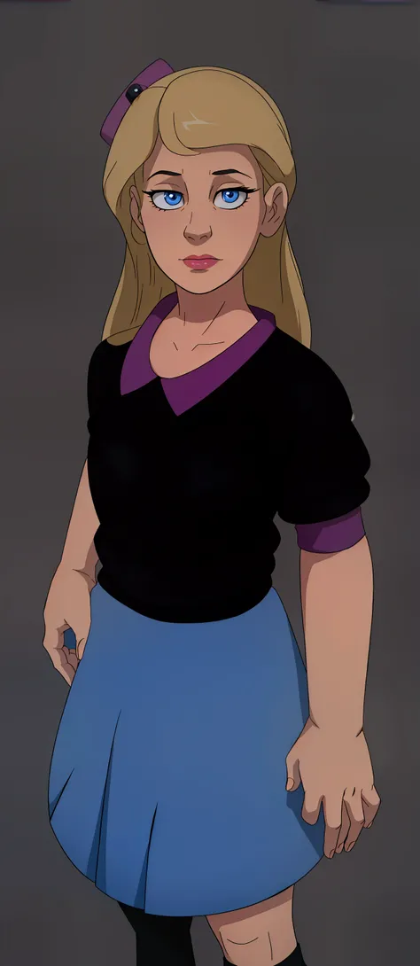 A  blonde , wearing a black sweater with pink details and a blue skirt (ELIZABETH AFTON DE FNAF)