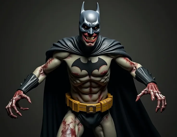  Describe a full-body image that merges a zombie with Batman , similar to the zombies from the series The Walking Dead.

 It should highlight distinctive elements of both characters ,  merging the darkness and mystery of Batman with terrifying and decompos...