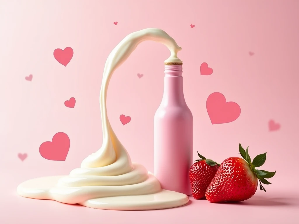 advertisement for strawberry baileys with cream . The bottle is pink. Whatever the bottle is on the right side and the cream and the strawberry are on the right side,  the liquid cream moves like water towards the bottle and with pink hearts and a light pi...