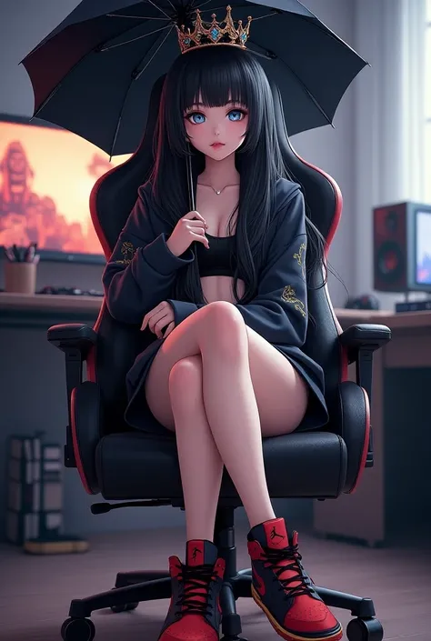 make me a perfect 2D picture, beautiful girl, wearing princess crown with details, long black hair with details, blue eyes with details, wearing bape hodie with details, wearing shorts with details, wearing red and black Nike Jordan shoes with details, sit...