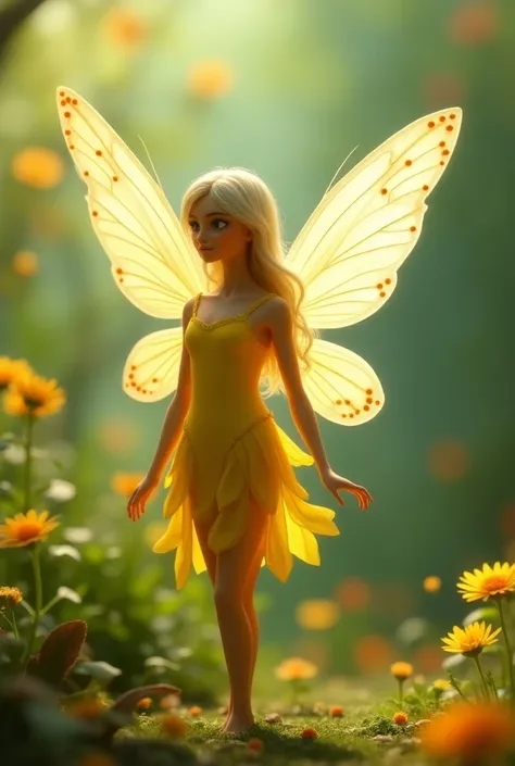 A fairy with translucent wings and orange dotted tips. yellow clothes.