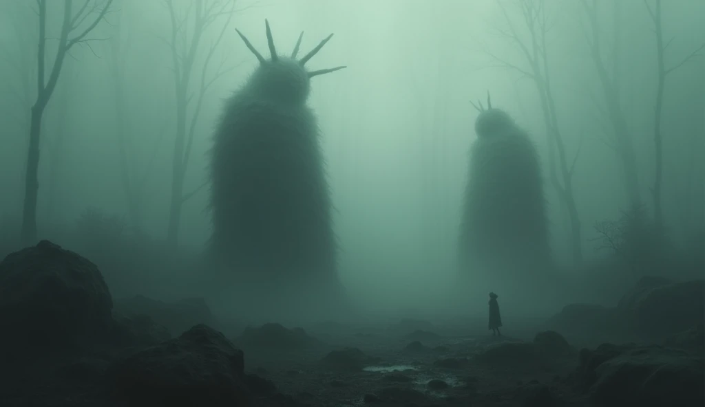 heavy fog , dark environment, Surrealist nature, Creatures
