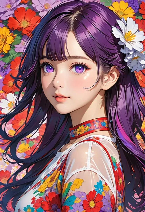 1 woman.(photorealstic face).(ultradetailed:1.4)16K.sheer red cropped top. bustshot.blunt bangscut hair.best.musterpiece.redeyeliner.flower print neckband.pinkeyeshadow.,cropped sticker, outline, colourful background,Hoshino Ai, long hair, purple hair, str...