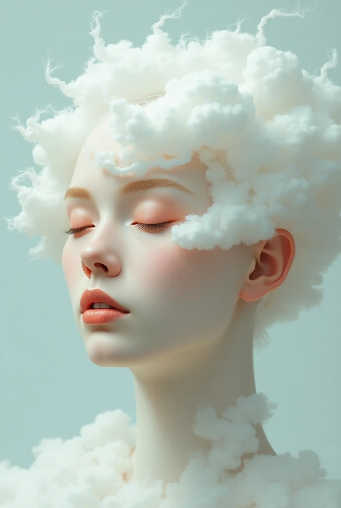 Create an image of a face where this person has a cloud in the lower left part of their face and another cloud in the upper right part of their face