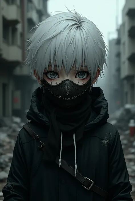 Make me a character inspired by Keneki from Tokyo Ghoul with the centipede mask and white hair