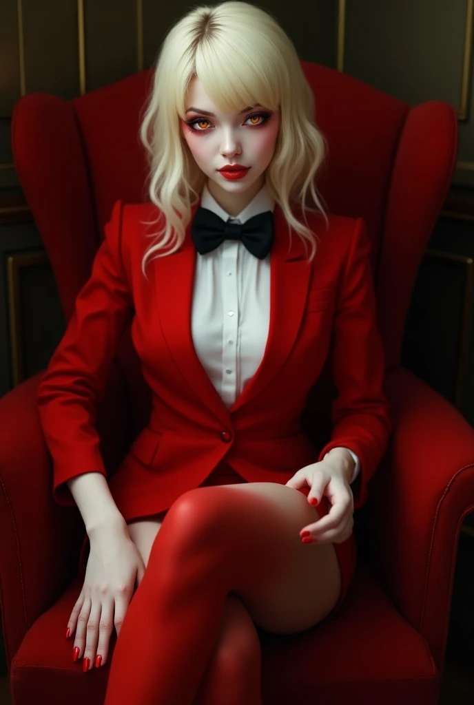 women with blonde hair with white highlights with really white and pale skin wearing a red tuxedo with a white shirt ad black bow tie her pupils are red whilst the outsides of her eyes are yellow barefoot stretching her toes with her soles of feet facing t...