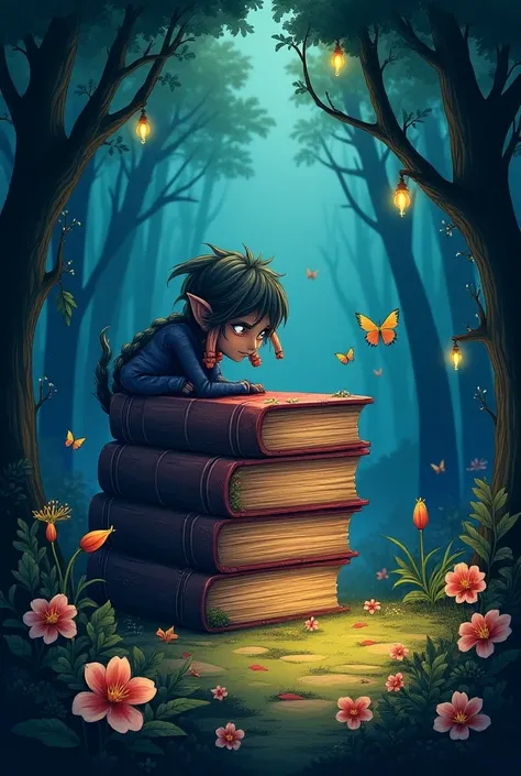 Story cover with giant book in an animated enchanted forest for s