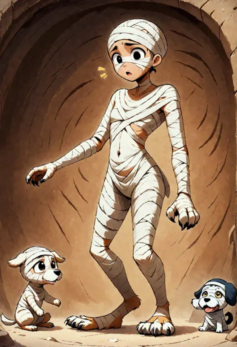 ((２D Manga  , 2D,  2D Illustration )), ( Human Mummy and Quadrupedal Dogs Mummy , (dog:Quadrupedal)), (The mummy man full body bandage:1.5, sandy beach, eye part visible The face is blackRound white eyes ), Notice your feet ,  expression you notice ,   Ful...