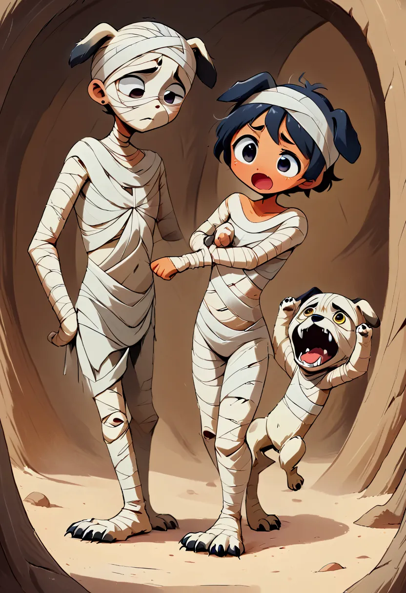 ((２D Manga  , 2D,  2D Illustration )), ( Human Mummy and Quadrupedal Dogs Mummy , (dog:Quadrupedal)), (The mummy man full body bandage:1.5, sandy beach, eye part visible The face is blackRound white eyes ), Notice your feet ,  expression you notice ,   Ful...