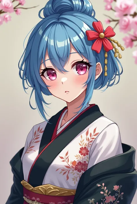 Anime style old woman, with and classical japanese hair like a geisha, rich white and black kimono, blue hair and pink eyes
She is a old lady