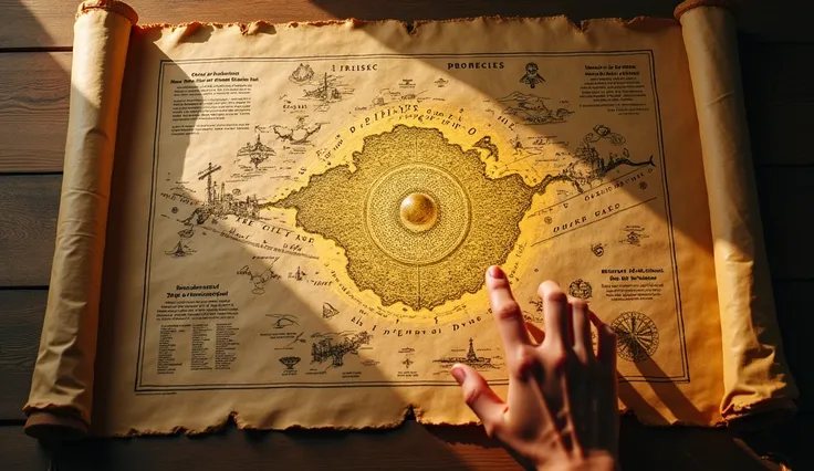 "An aged scroll depicting ancient and modern maps intertwining, with prophecies from the Book of Daniel sketched alongside landmarks and symbols. The scroll glows faintly, with a ghostly outline of a new city forming where the old maps fade. A hand pointin...