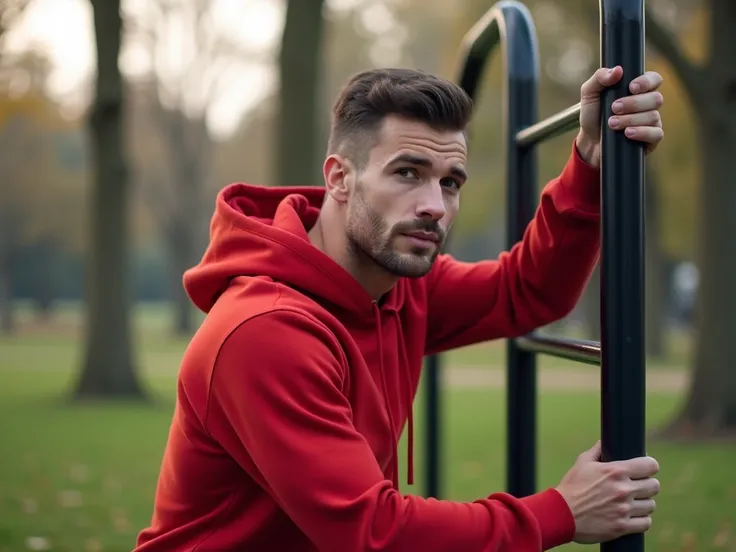  masterpiece ,  high quality image,  there is a man in a park who is exercising, Hes a handsome man ,  ago Dead hang on a handrail , Wear red sports sweatshirt , You are making a great effort to climb .