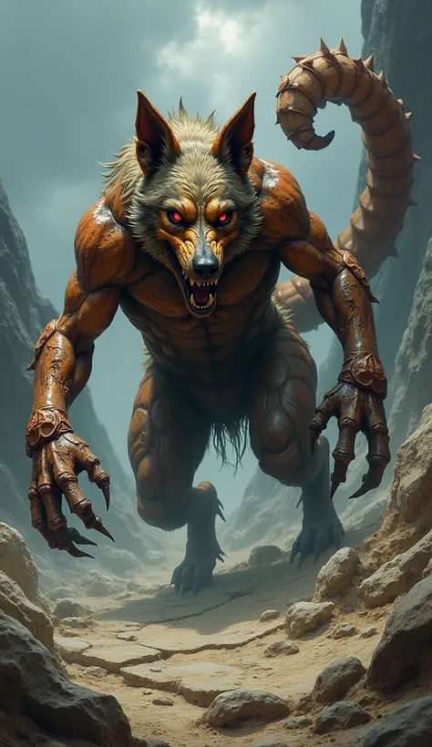 Create a monstrous hybrid entity that seamlessly blends the features of a Scorpion and a Dog, resulting in a dangerous and fearsome creature. The hybrid should have the muscular, canine body of a Dog, with patches of hard, chitinous armor resembling the Sc...