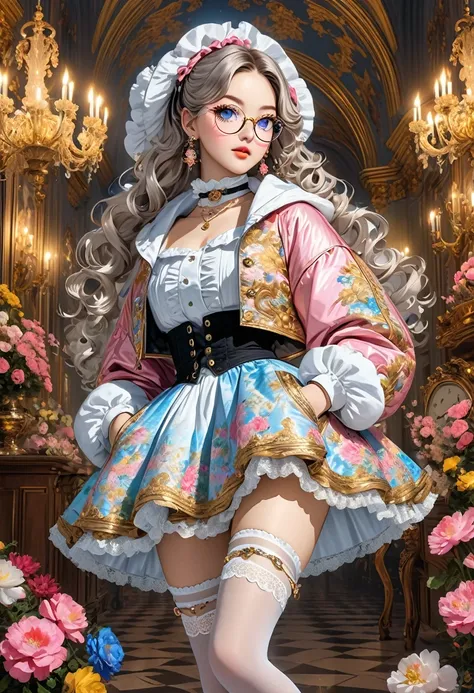 {{I am fascinated by the image of a girl wearing gold-rimmed glasses.}}, {{I am fascinated by the image of a cute girl wearing silver-rimmed glasses with the edges clearly visible.}}, {{ I wear them.  Glasses}, baroque style mire city, choker, earrings, ri...