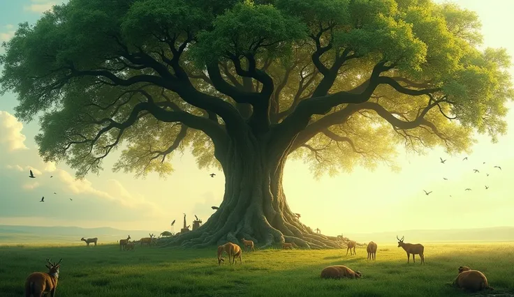 "A majestic, towering tree standing in the midst of a vast, lush landscape. The tree’s branches spread widely, offering shelter and fruit to countless animals and birds that gather beneath and within it. Light filters through its leaves, creating a serene,...