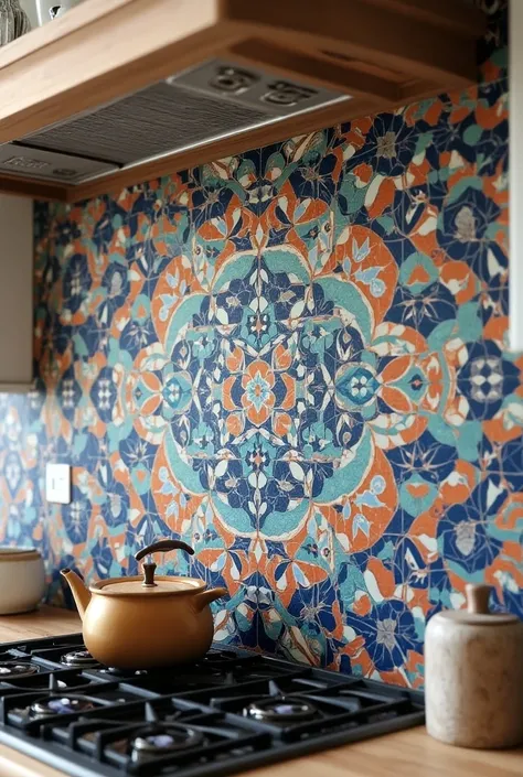  Create a mosaic design on a kitchen dashboard with square tiles using 3 types of tile, These 3 tiles will look like this : one solid blue color , solid terracotta ochre color and a last blue Portuguese tile  