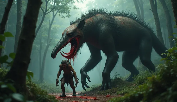 a giant evil anteater with a human body, grabbing a human explorer, leaking his human head, in a dark and mysterious forest, highly detailed, cinematic lighting, dramatic colors, horror, photorealistic, 8k, masterpiece. Arte conceitual, 