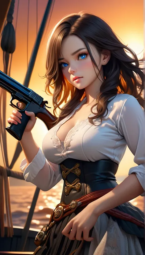 beautiful adorable girl,soft skin,detailed skin texture,glowing skin,delicate features,breasts,detailed fingers, goddess-like beauty,piercing eyes, blue eyes, determined,long flowing hair,dark brown hair, pirate standing on her ship deck, pirate captain at...