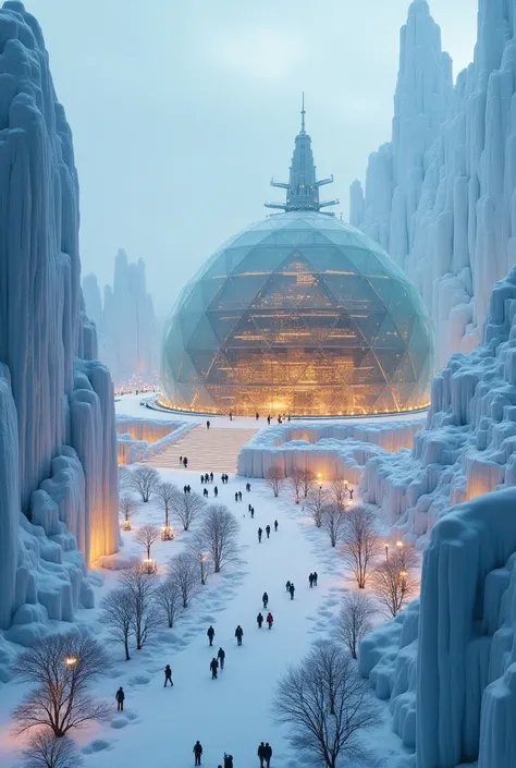 A futuristic city encased in a massive glass dome, the last warm place in an icy, snow-covered world. The city glows with warm, golden lights, creating a contrast with the cold, white snow outside. People walk around in elegant winter attire, and towering ...