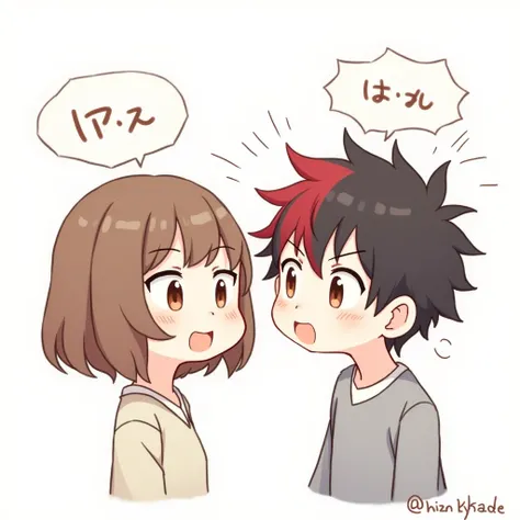 1girl, solo, looking at viewer, blush, smile, open mouth, short hair, simple background, brown hair, white background, 1boy, brown eyes, male focus, multicolored hair, red hair, pants, speech bubble, flying sweatdrops, thought bubble