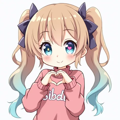 Chica anime  ,   cartoon with light brown hair and turquoise and violet strands with eyes of the same colors one has a heart and the other a star and is making a heart with his hands ,  And clothing with a sweater that says Sibdie and that the style is sim...