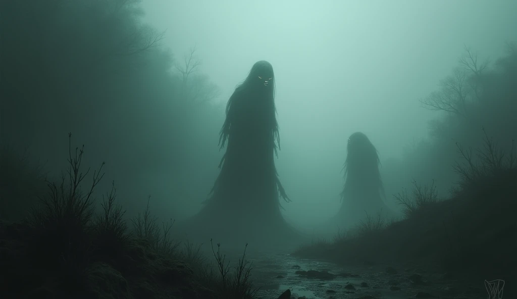 heavy fog , dark environment, Surrealist nature, Creatures
