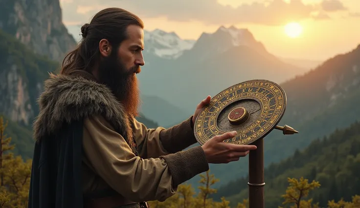 " A realistic image of a Viking using an instrument of the time to measure time and seasons .  The scene must show the Viking holding an instrument such as a gnomon or a solar ring , while observing the sky .  He must be dressed in traditional clothing fro...