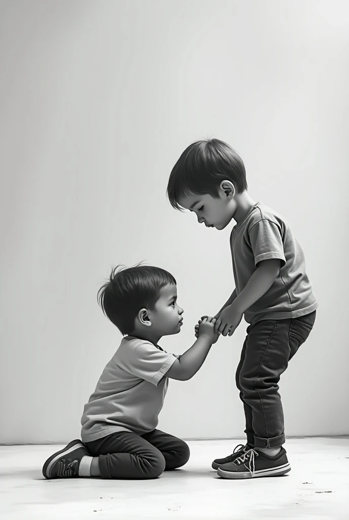 a child helping another to get up after a fall in black and white coloring format