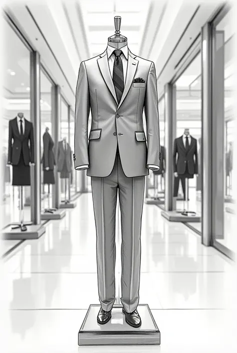 Create a sketch of a place in a mens suit in a mall