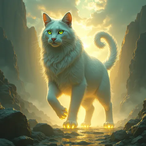 in the kingdom of God,  a giant cat walks between the golden mountains and the forests ethereal ,  a magnificent and imposing creature .  His body is covered by a radiant coat of luminous silver ,  that shines with the brightness of the stars ,  reflecting...