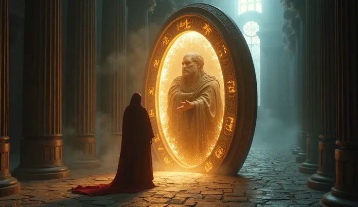 "A symbolic representation of a mirror reflecting two different scenes. On one side of the mirror, Nebuchadnezzar’s historical narrative unfolds. On the other side, a shadowy figure representing a future leader or empire emerges, mirroring key events but o...