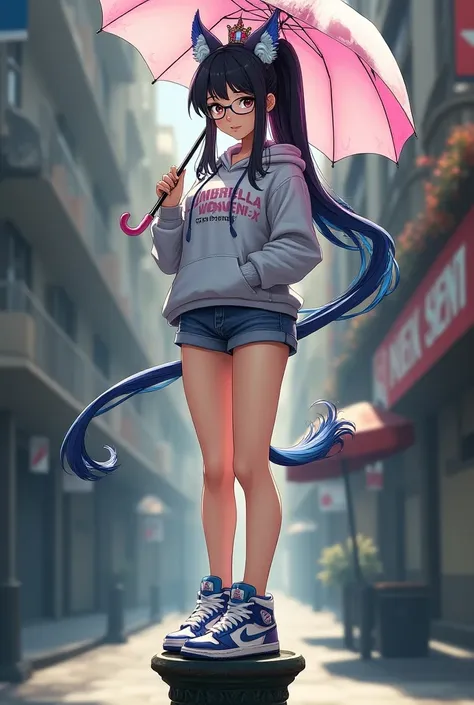 Draw me a picture of a beautiful 2D woman, long black hair tied in a ponytail, wearing white glasses with tails, wearing a hoodie that says UMBRELLA QUEEN with tails, wearing shorts with tails, wearing a princess crown with a picture of her tail, carrying ...