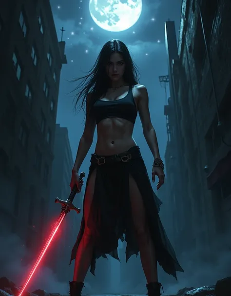 Beautiful bad ass women, sword in his hand, background dark alley, moon, stars